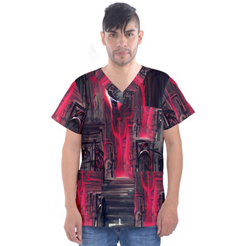 Stranger Things Fantasy Dark  Red Men s V-neck Scrub Top by Amaryn4rt