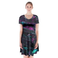 Space Futuristic Shiny Abstraction Short Sleeve V-neck Flare Dress by Amaryn4rt