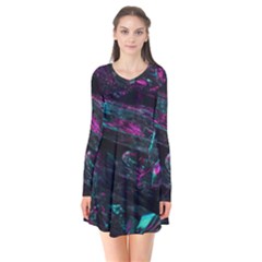 Space Futuristic Shiny Abstraction Long Sleeve V-neck Flare Dress by Amaryn4rt