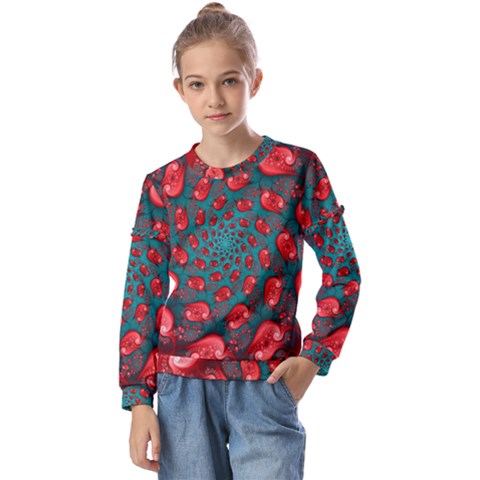 Fractal Red Spiral Abstract Art Kids  Long Sleeve Tee With Frill  by Amaryn4rt