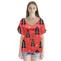 Christmas Christmas Tree Pattern V-neck Flutter Sleeve Top by Amaryn4rt