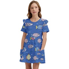 Sea Fish Blue Submarine Animals Kids  Frilly Sleeves Pocket Dress by Amaryn4rt