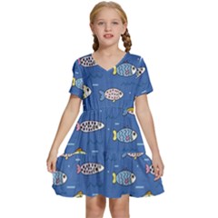 Sea Fish Blue Submarine Animals Kids  Short Sleeve Tiered Mini Dress by Amaryn4rt