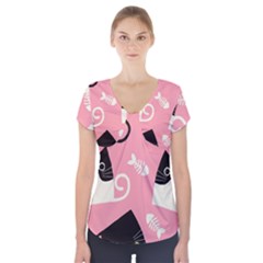 Cat Pattern Backgroundpet Short Sleeve Front Detail Top by Amaryn4rt