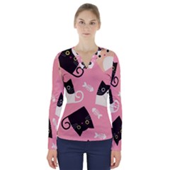 Cat Pattern Backgroundpet V-neck Long Sleeve Top by Amaryn4rt