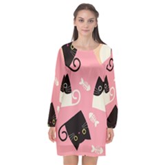 Cat Pattern Backgroundpet Long Sleeve Chiffon Shift Dress  by Amaryn4rt