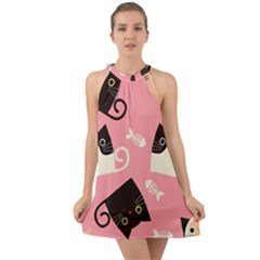 Cat Pattern Backgroundpet Halter Tie Back Chiffon Dress by Amaryn4rt