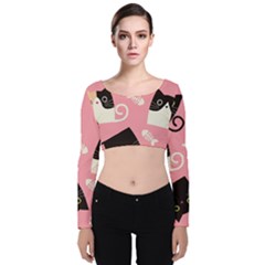 Cat Pattern Backgroundpet Velvet Long Sleeve Crop Top by Amaryn4rt