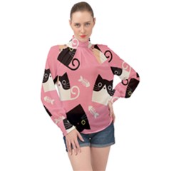 Cat Pattern Backgroundpet High Neck Long Sleeve Chiffon Top by Amaryn4rt