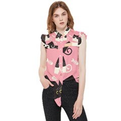 Cat Pattern Backgroundpet Frill Detail Shirt