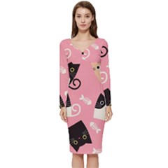 Cat Pattern Backgroundpet Long Sleeve V-neck Bodycon Dress  by Amaryn4rt