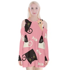 Cat Pattern Backgroundpet Velvet Long Sleeve Shoulder Cutout Dress by Amaryn4rt