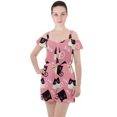 Cat Pattern Backgroundpet Ruffle Cut Out Chiffon Playsuit by Amaryn4rt