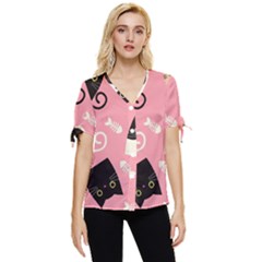 Cat Pattern Backgroundpet Bow Sleeve Button Up Top by Amaryn4rt