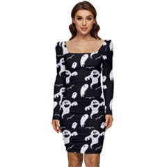 Halloween Background Ghost Pattern Women Long Sleeve Ruched Stretch Jersey Dress by Amaryn4rt