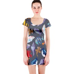 Sea Animals Pattern Wallpaper Fish Short Sleeve Bodycon Dress by Amaryn4rt