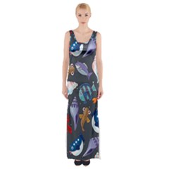 Sea Animals Pattern Wallpaper Fish Thigh Split Maxi Dress by Amaryn4rt