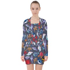 Sea Animals Pattern Wallpaper Fish V-neck Bodycon Long Sleeve Dress by Amaryn4rt