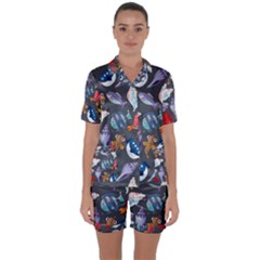 Sea Animals Pattern Wallpaper Fish Satin Short Sleeve Pajamas Set by Amaryn4rt