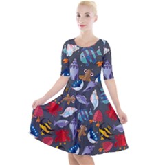 Sea Animals Pattern Wallpaper Fish Quarter Sleeve A-line Dress by Amaryn4rt