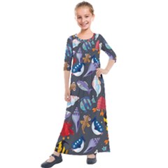 Sea Animals Pattern Wallpaper Fish Kids  Quarter Sleeve Maxi Dress by Amaryn4rt