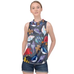 Sea Animals Pattern Wallpaper Fish High Neck Satin Top by Amaryn4rt