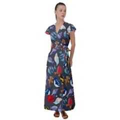 Sea Animals Pattern Wallpaper Fish Flutter Sleeve Maxi Dress by Amaryn4rt