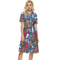 Sea Animals Pattern Wallpaper Fish Button Top Knee Length Dress by Amaryn4rt