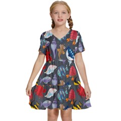 Sea Animals Pattern Wallpaper Fish Kids  Short Sleeve Tiered Mini Dress by Amaryn4rt