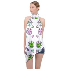 Floral Art Design Pattern Drawing Halter Asymmetric Satin Top by Amaryn4rt