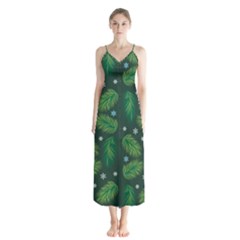 Leaves Snowflake Pattern Holiday Button Up Chiffon Maxi Dress