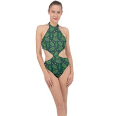 Leaves Snowflake Pattern Holiday Halter Side Cut Swimsuit by Amaryn4rt