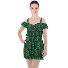 Leaves Snowflake Pattern Holiday Ruffle Cut Out Chiffon Playsuit by Amaryn4rt