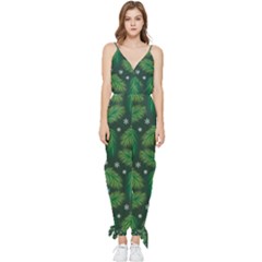 Leaves Snowflake Pattern Holiday Sleeveless Tie Ankle Chiffon Jumpsuit by Amaryn4rt