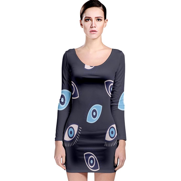 Eyes Evil Eye Blue Pattern Long Sleeve Bodycon Dress