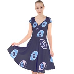 Eyes Evil Eye Blue Pattern Cap Sleeve Front Wrap Midi Dress by artworkshop