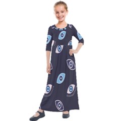 Eyes Evil Eye Blue Pattern Kids  Quarter Sleeve Maxi Dress