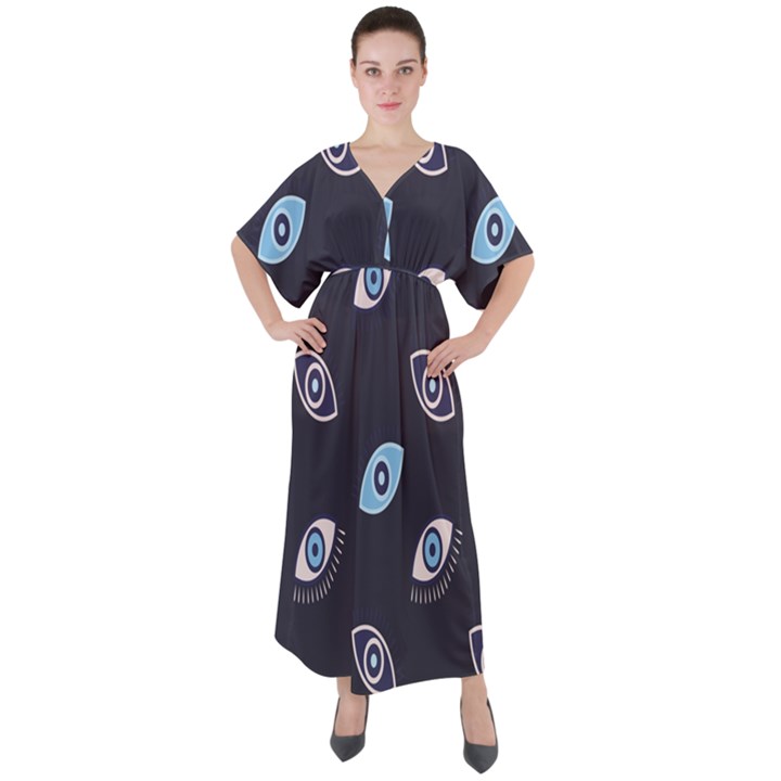 Eyes Evil Eye Blue Pattern V-Neck Boho Style Maxi Dress