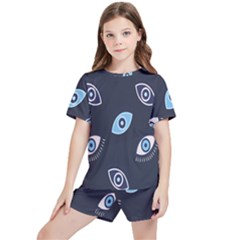 Eyes Evil Eye Blue Pattern Kids  Tee and Sports Shorts Set