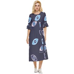 Eyes Evil Eye Blue Pattern Double Cuff Midi Dress