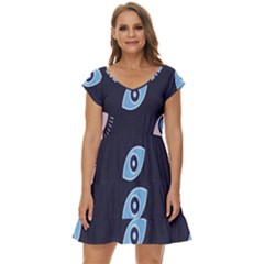 Eyes Evil Eye Blue Pattern Short Sleeve Tiered Mini Dress