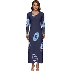 Eyes Evil Eye Blue Pattern Long Sleeve Velour Longline Maxi Dress