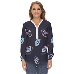 Eyes Evil Eye Blue Pattern Zip Up Long Sleeve Blouse