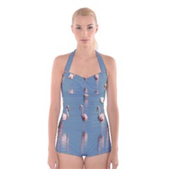 Flamingo Birds Plumage Sea Water Boyleg Halter Swimsuit  by artworkshop