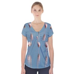 Flamingo Birds Plumage Sea Water Short Sleeve Front Detail Top by artworkshop