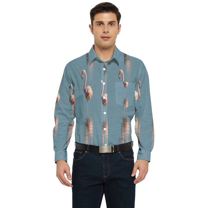 Flamingo Birds Plumage Sea Water Men s Long Sleeve Pocket Shirt 