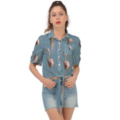 Flamingo Birds Plumage Sea Water Tie Front Shirt  by artworkshop