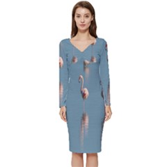 Flamingo Birds Plumage Sea Water Long Sleeve V-neck Bodycon Dress  by artworkshop