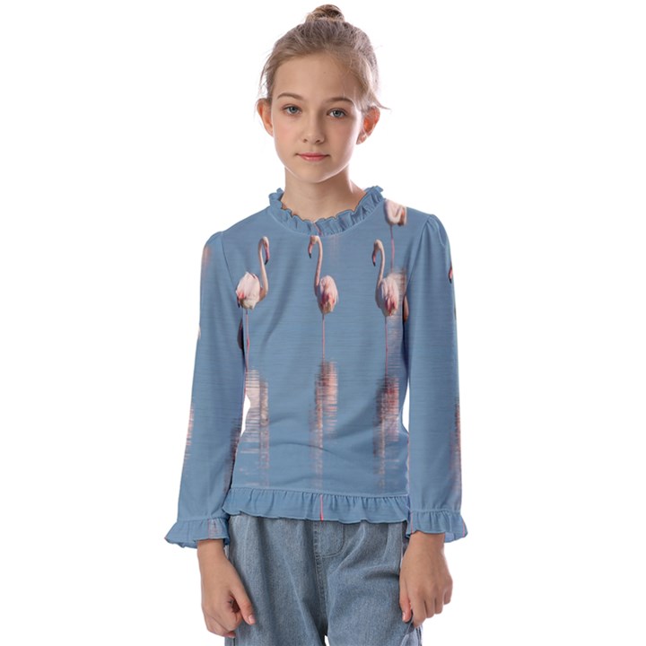 Flamingo Birds Plumage Sea Water Kids  Frill Detail Tee