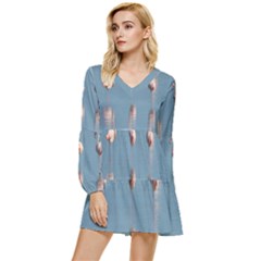 Flamingo Birds Plumage Sea Water Tiered Long Sleeve Mini Dress by artworkshop